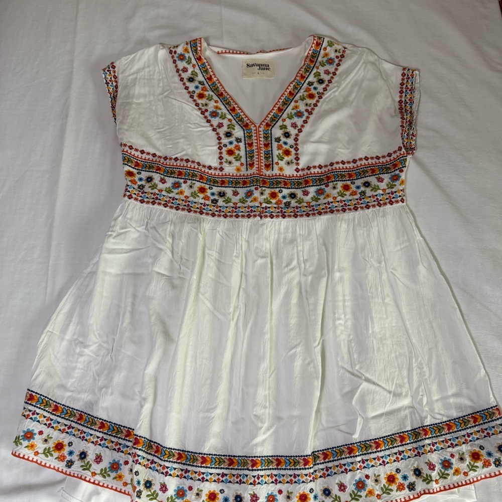 Savanna Jane White Dress with Colorful Embroidery